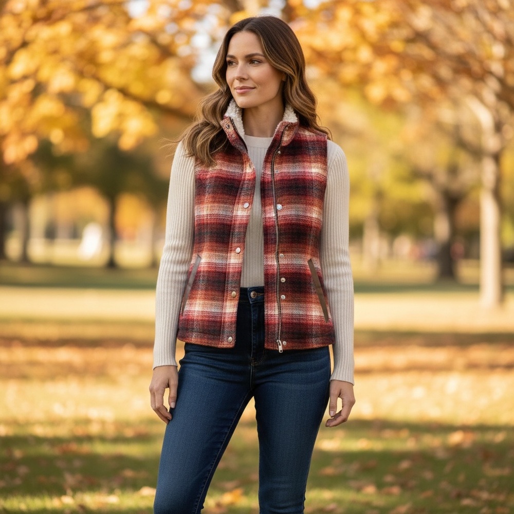 Christopher & Banks Sherpa Lined Red Plaid Vest‎ Women's Cozy Cabincore - Medium